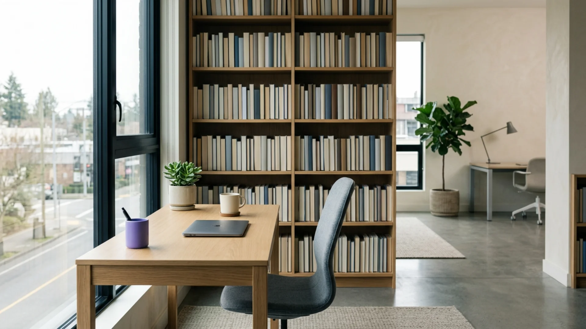 Redaktionsarbeitsplatz mit Unterlagen zur Kfz-Versicherung, stimmungsvolles Licht, Hintergrund 1920×1080 px