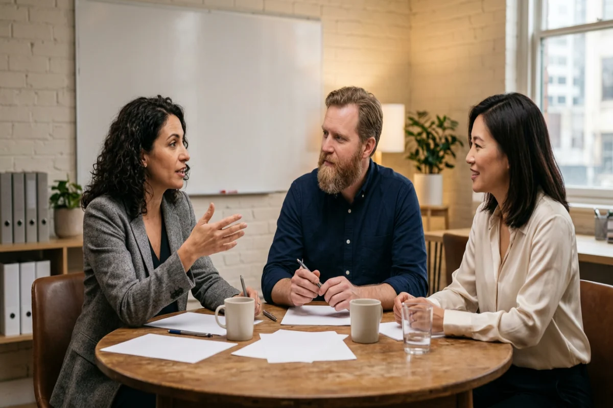 Diskussionsrunde zu Policenfragen in kleinem Seminarraum, Bild 1200×800 px