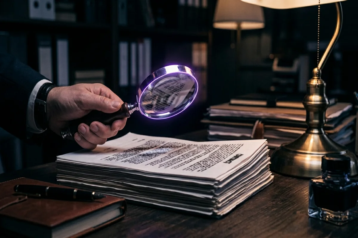 Lupe über gedrucktem Vertragstext, Fokus Lesarten, 1200×800 px
