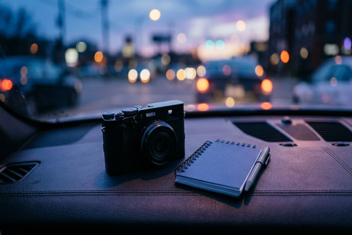 Kamera und Notizblock auf Armaturenbrett, symbolisch für Beweissicherung, 1200×800 px