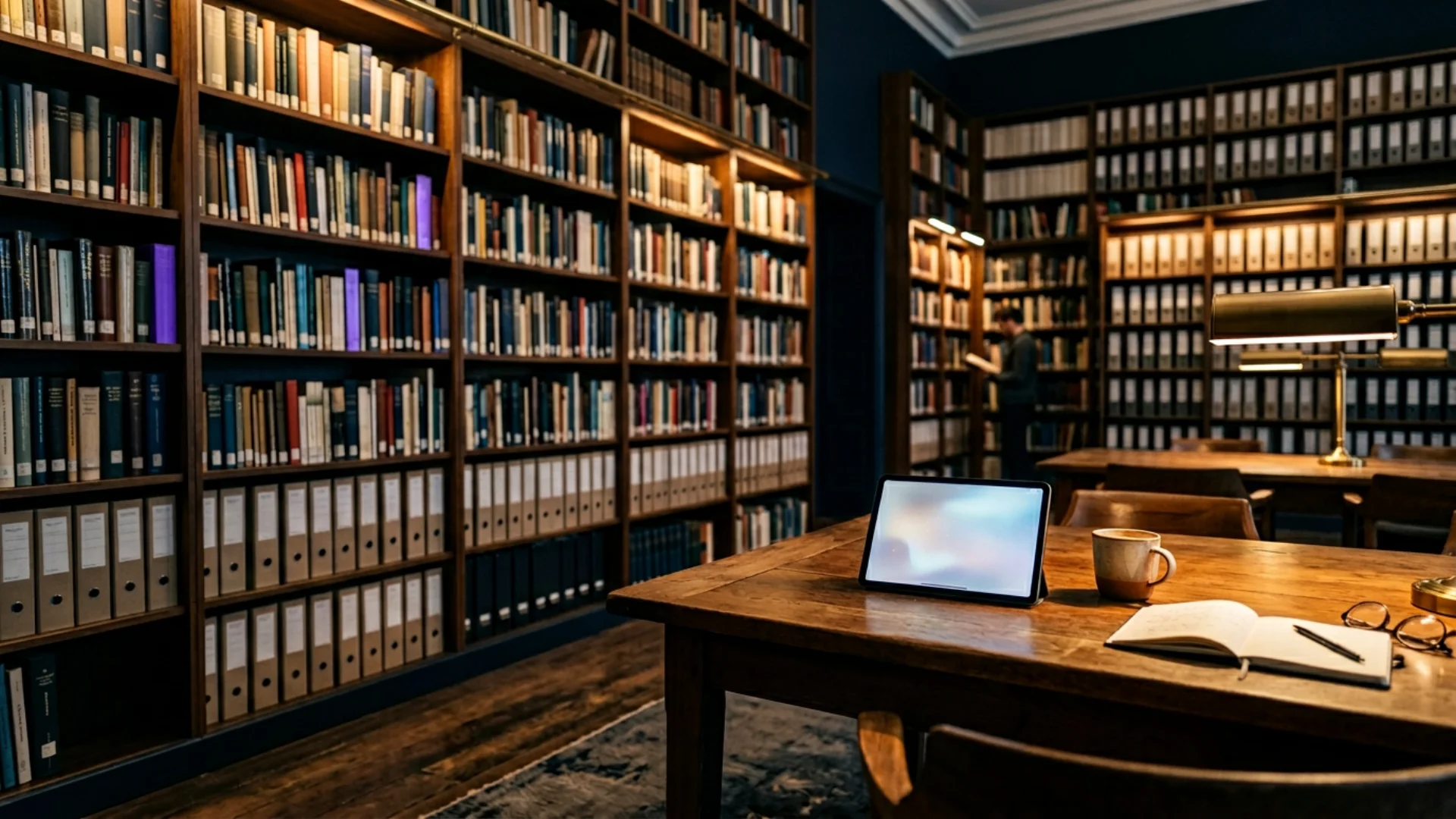 Regal mit Ordnern und Tablet für digitale Materialien, stilisiert, Hintergrund 1920×1080 px