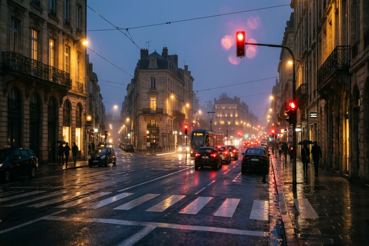 Verkehrssituation an Kreuzung bei Dämmerung, symbolisch für Szenarioanalyse, Bild 1200×800 px